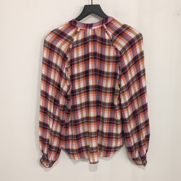 Anthropologie Pilcro Breezy Raspberry Plaid Flannel Button Up Shirt Puff Sleeve - Picture 5 of 8